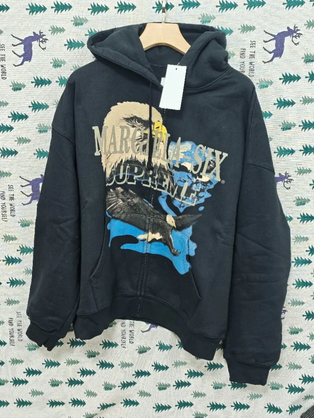 Black Graphic Zip-Up Hoodie with Eagle Print by Supreme